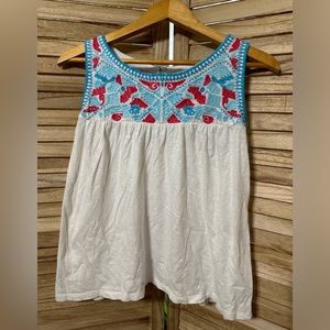 Crown and Ivy sleeveless top white with blue and pink embroidered design